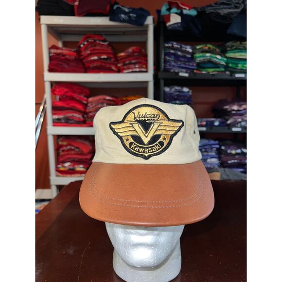 Vintage Kawasaki Vulcan Hat Biker Motorcylce Long Bill Leather Cap Headwear - Picture 1 of 8
